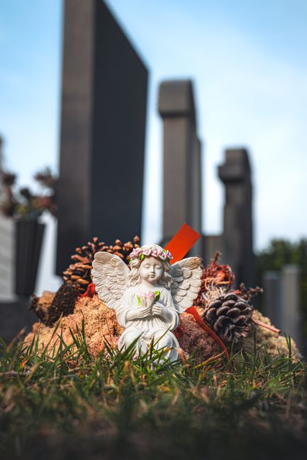 A close-up of a small angel figurine with delicate, detailed wings and a floral wreath crown, holding a pink heart-shaped object, surrounded by pinecones, dried leaves, and moss on a grassy surface. T
