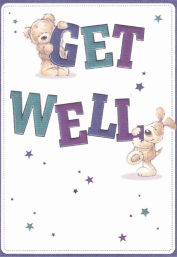 A heartwarming scene on this get well card captures the spirit of giving found in the heart of Woking's neighbourhoods. On a softly glowing cream backdrop, a lovable teddy bear-plush and golden with a gentle expression-teams up with a floppy-eared puppy whose velvety fur adds an almost real-life softness to the illustration. Together, they hold and balance colourful, oversized letters shaded in rich indigos and lively teals, forming the cheerful phrase 'Get Well'. The typography has a buoyant confidence, much like the step of a child running through Woking Park. Floating around the characters, twinkling stars in gradients of blue and purple provide a whimsical, uplifting effect-like wishes scattered on the wind. The scene is textured with warmth and affection, inviting the viewer to imagine the tactile comfort of plush fur and the gentle squeeze of a paw. Every artistic choice, from the expressive faces to the animated arrangement of letters, echoes the thoughtful touch that Flower Delivery Woking brings to each bouquet. This card feels like an embrace in paper form-perfect to send alongside flowers, spreading a message of hope and heartfelt care through every brushstroke.